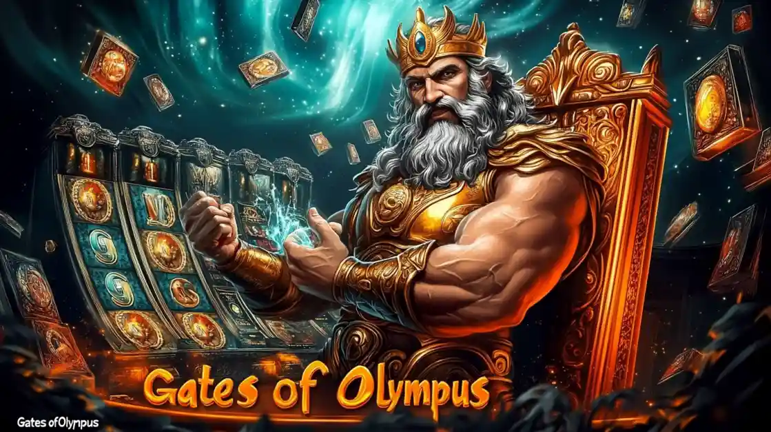 A majestic Zeus figure on a golden throne, surrounded by floating cards and a bee999 slot machine, with Gates of Olympus prominently displayed, inviting players to a mythical gaming experience.