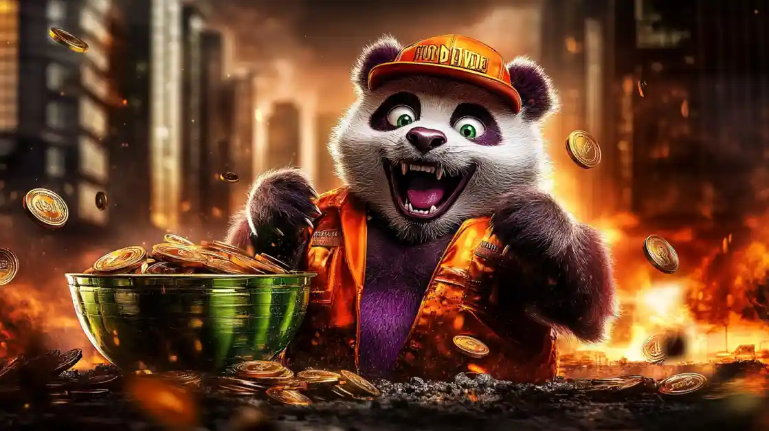 A cheerful panda character surrounded by golden coins, symbolizing wealth and good fortune with bee999.
