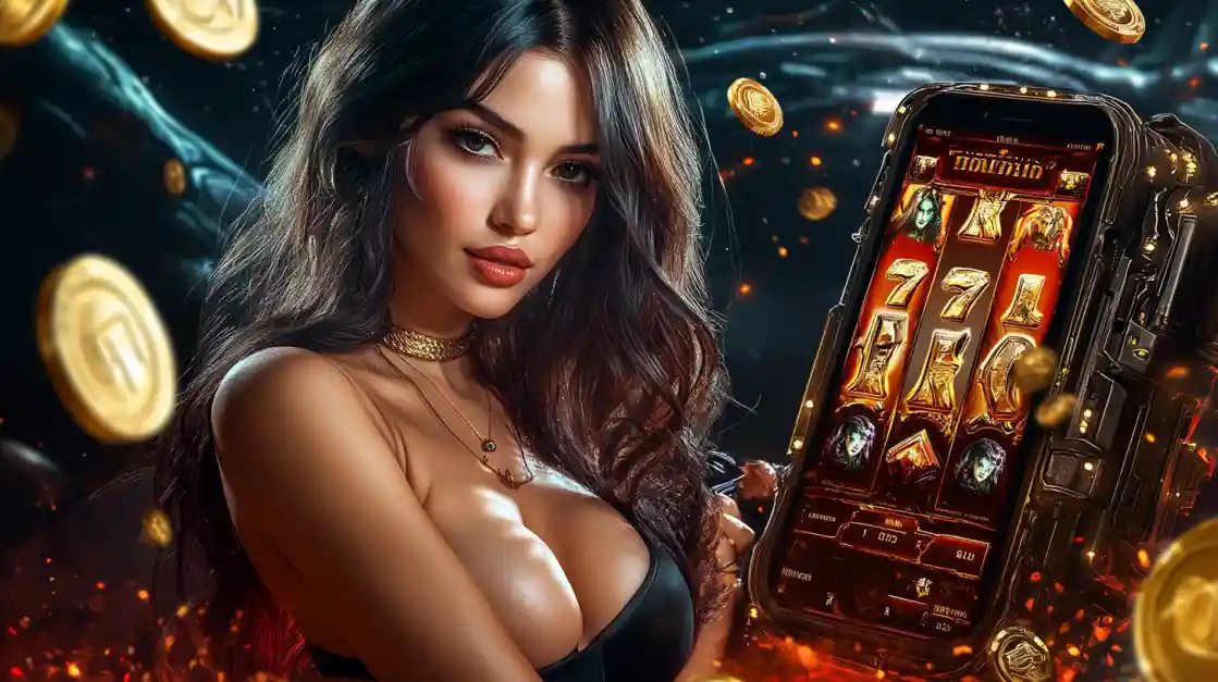 A confident woman holds a smartphone displaying a bee999 mobile slot game with 777 symbols and golden coins.